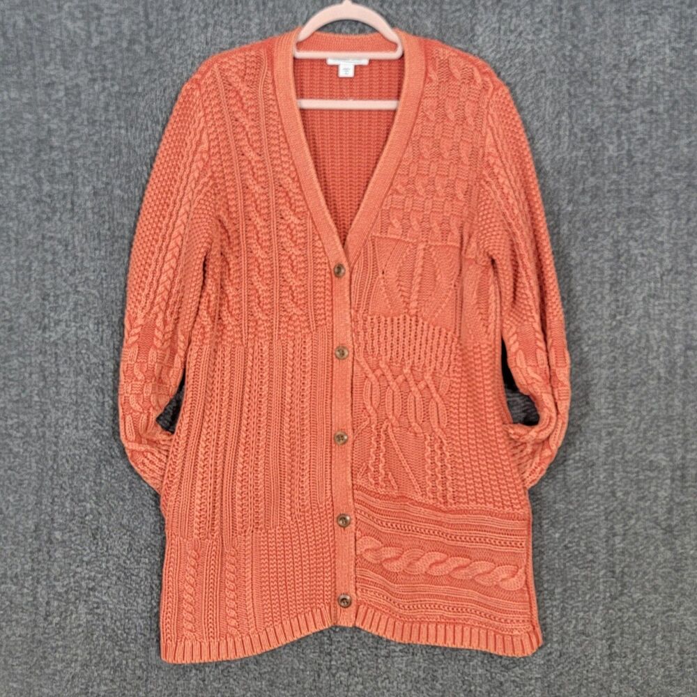 Coldwater Creek Sweater Womens PM Burnt Orange Cable Knit V-Neck Tunic Cardigan